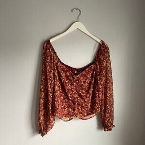 NWT BB Dakota Long Sleeve Orange floral Print Long Sleeve 70s Style Blouse sz XL